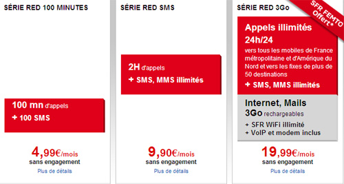 SFR étoffe son offre Série Red avec un forfait de 100 minutes et 100 SMS pour 4,99 € par mois SFR étoffe son offre Série Red avec un forfait de 100 minutes et 100 SMS pour 4,99 € par mois